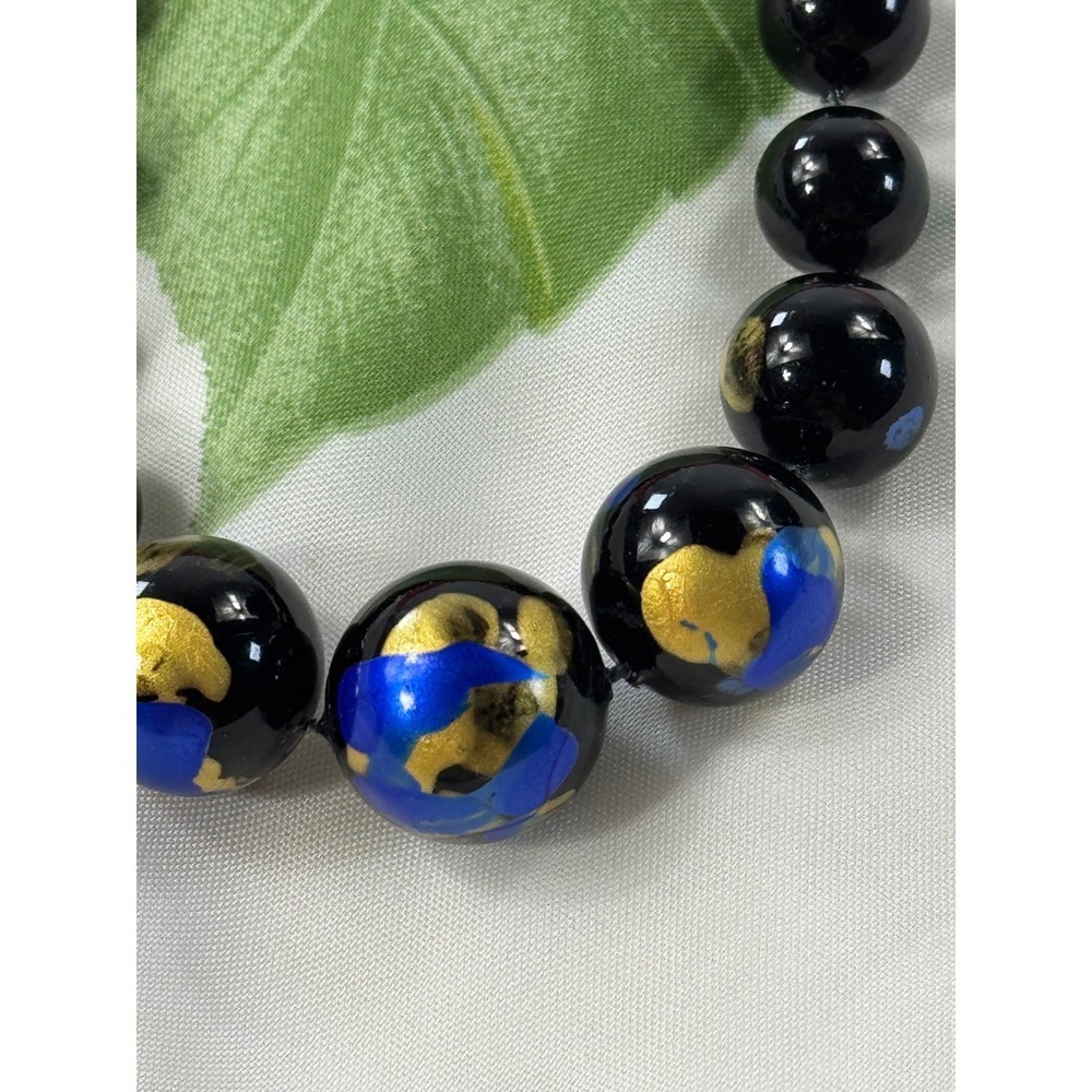 Vintage Black Blue Gold Splatter Art Glass Beaded Graduated Necklace 28 Inch‎ - Picture 3 of 7